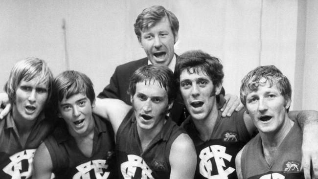 Graham Donaldson (back) with Fitzroy players David Rhodes (left), Warwick Irwin, John Murphy, Shane Molloy and Kevin Murray in 1971. Picture: Herald Sun.