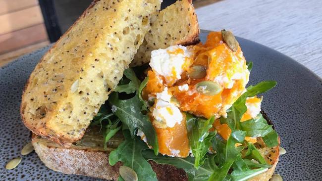 Double Barrel Kitchen's 'Smashing Pumpkin' breakfast dish — warm butternut pumpkin with goats feta, rocket and pumpkin bread.