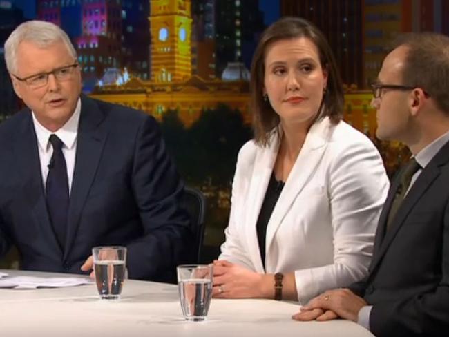 Q&amp;A host Tony Jones, Assistant Treasurer Kelly O’Dwyer and Green MP Adam Bandt.