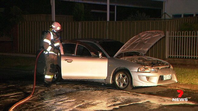 Three men were reported breaking into a Mitsubishi on Frome Ave at Hampstead Gardens around 5am – the car was then set alight. Picture: 7NEWS Adelaide