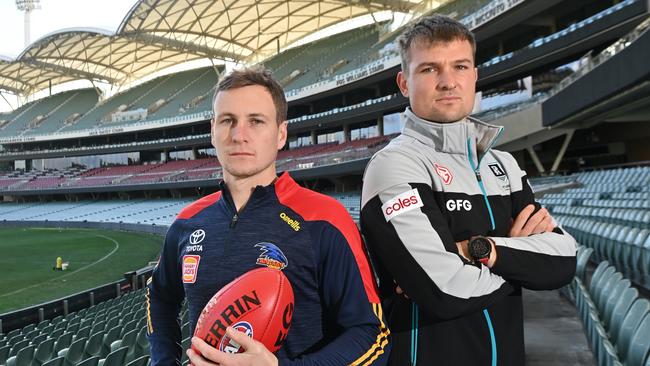 Crows skipper Jordan Dawson, left, says his team needs to perfect the little moments. Picture: Keryn Stevens