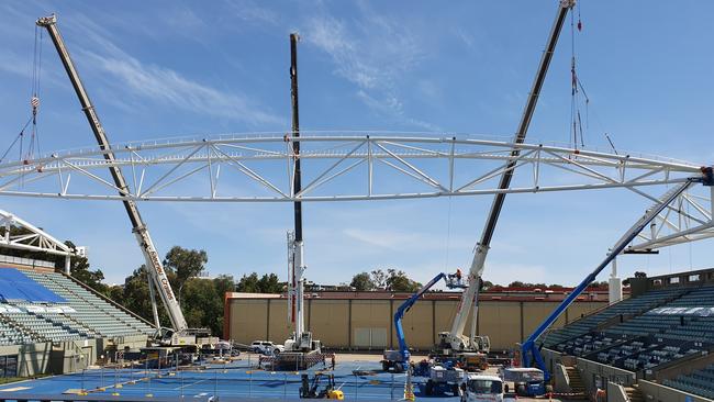 The first of six, 50 tonne steel trusses goes up at Memorial Drive, Adelaide, as part of a $10 million revamp. Pic Richard Evans