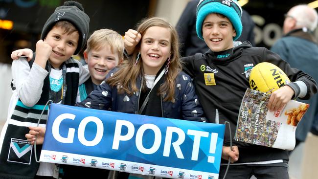 Young Port fans, Louca,7, Charlie, 6, Ava, 8, and Felipe, 11. Picture: Dean Martin