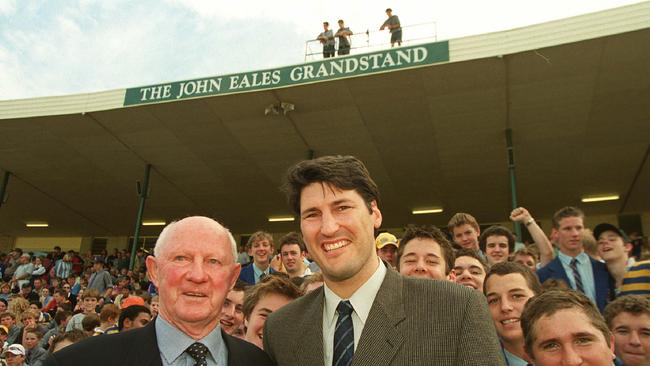 Des Connors and John Eales at the naming of the grandstand at Marist Brothers College, Ashgrove.. Picture: Nathan Richter 