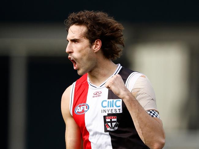 LAUNCESTON, AUSTRALIA – MAY 11: Max King of the Saints celebrates a goal during the 2024 AFL Round 09 match between the Hawthorn Hawks and the St Kilda Saints at UTAS Stadium on May 11, 2024 in Launceston, Australia. (Photo by Michael Willson/AFL Photos via Getty Images)