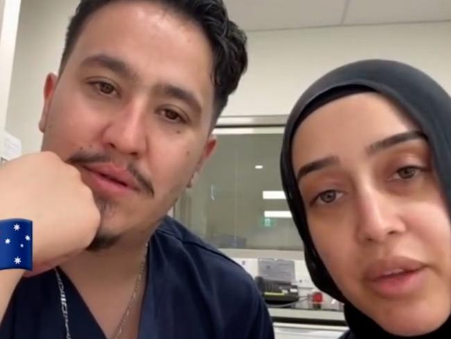 NSW government officials are investigating after nurses at Bankstown Hospital, Rashad Nadir and Sarah Abu Lebdeh, wearing their NSW Health uniforms were filmed declaring they refuse to treat Israeli people and would "kill them" if they present to their ward. Picture: NewsWire Handout