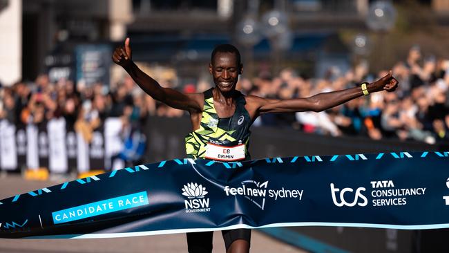 Brimin Kipkorir Misoi charged across the finish line in a time of 02.06.18 breaking the course record set by fellow Kenyan Moses Kibet in 2022 of 02:07:03. Misoi's victory also marked the fastest marathon ever run by a male on Australian soil. Picture: Supplied/Sydney Marathon