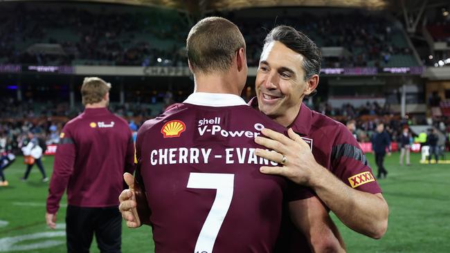 ADELAIDE, AUSTRALIA - MAY 31: Daly Cherry-Evans of the Maroons and Maroons coach Billy Slater celebrate winning game one of the 2023 State of Origin series between the Queensland Maroons and New South Wales Blues at Adelaide Oval on May 31, 2023 in Adelaide, Australia. (Photo by Cameron Spencer/Getty Images)