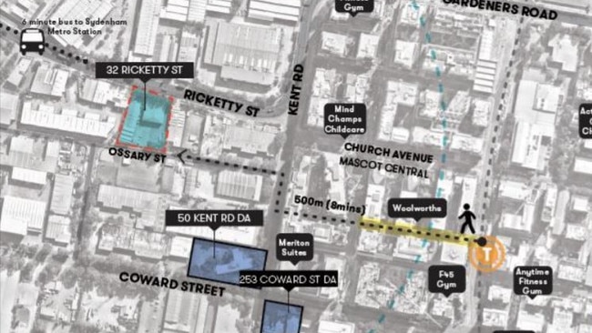 The three recently approved office buildings (all highlighted) are close to Mascot Train Station.