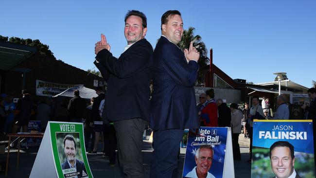 Greens candidate Mike Hall with Liberal Jason Falinski