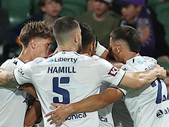 PERTH, AUSTRALIA - FEBRUARY 01: The Victory celebrates after scoring a goal during the round 17 A-League Men match between Perth Glory and Melbourne Victory at HBF Park, on February 01, 2025, in Perth, Australia. (Photo by Will Russell/Getty Images)