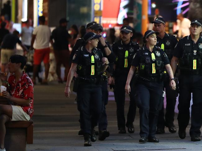 Schoolies on Gold Coast : The Sunday Mail 20/11/2021Police on the beat at in Cavil avenue at Surfers Paradise  on The Gold Coast.Photograph : Jason O'Brien / Sunday Mail