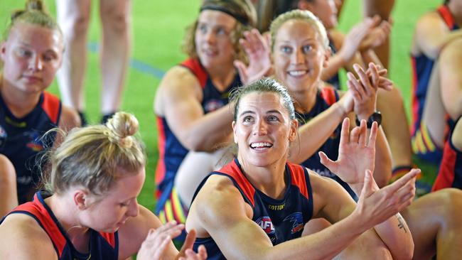 The Crows’ AFLW team hit the track on Monday. Picture: Tom Huntley