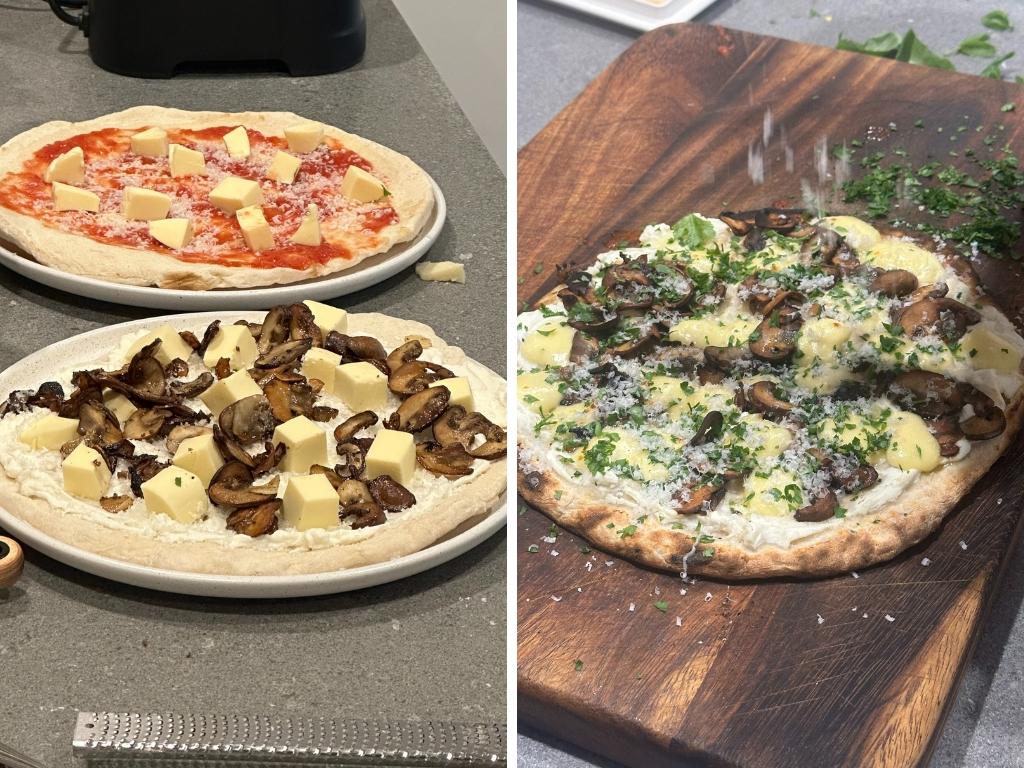 The first pizzas I made in the Gozney Arc XL, before and after. I did use premade bases for my first practice run. Picture: news.com.au/Philippa Tonkin.