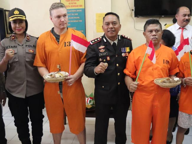 Australians David Van Iersel with other detainees celebrating the Indonesia’s Independence day inside the detention of Denpasar Police Station in Bali. Picture: Police