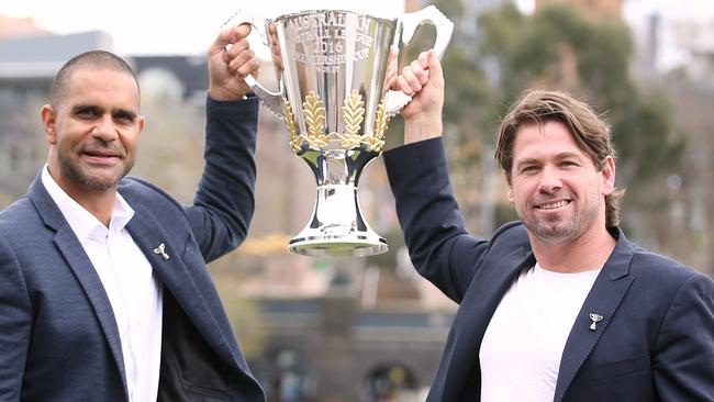 Former stars Michael O’Loughlin and Shannon Grant will present the premiership cup and medals on grand final day. Picture: Wayne Ludbey