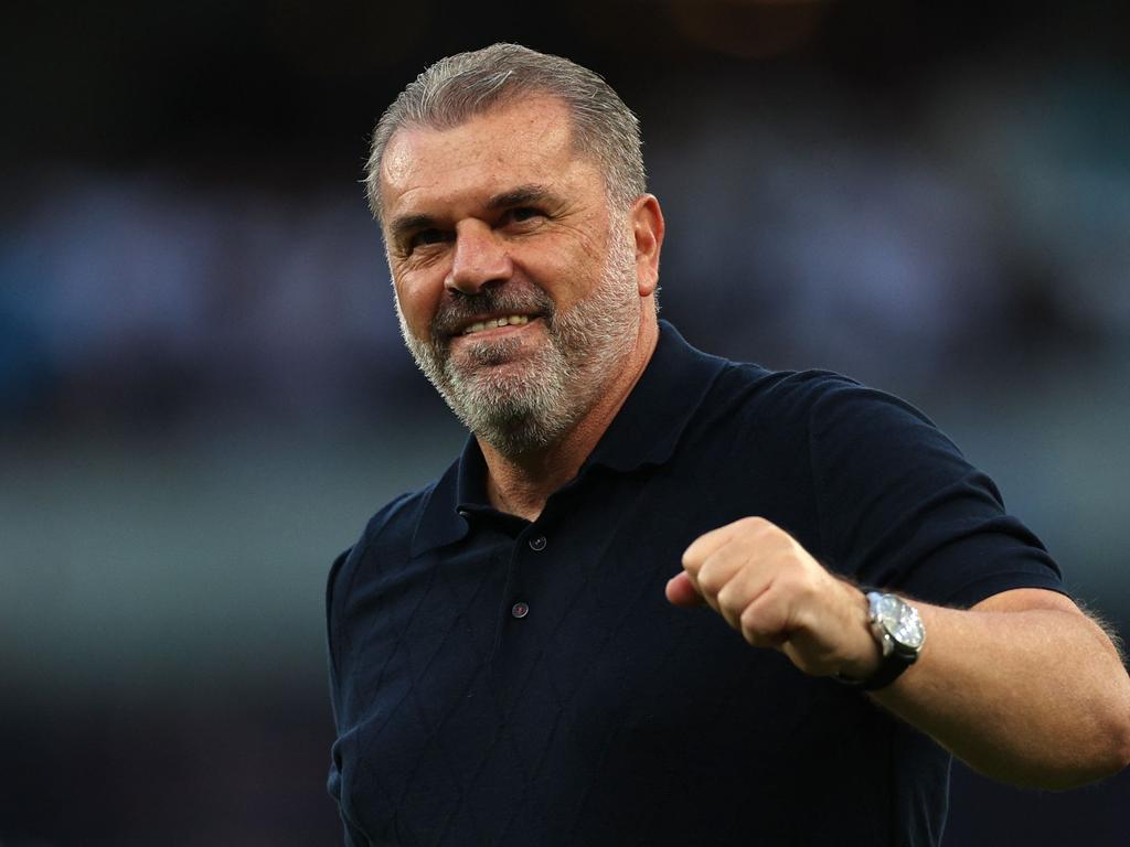 Ange Postecoglou celebrates after Tottenham’s win over Manchester United. Picture: Adrian Dennis/AFP