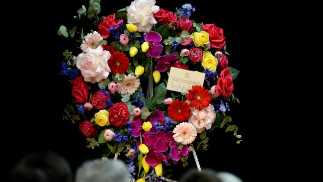 A floral tribute at the state memorial service for former Victorian MP Jane Garrett at the Brunswick Town Hall. Picture: Andrew Henshaw