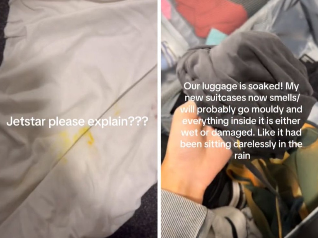 Adelaide resident, Elly Hudson, returned home to find her clothes and other personal items soaked and discoloured inside her luggage. Picture: TikTok