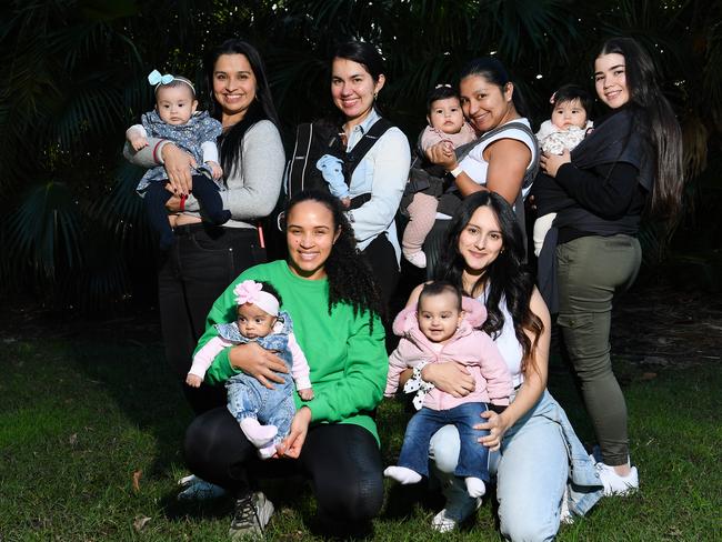 Young mothers gather together with their daughters in Hyde Park, Sydney. Top row L-R: Maye Rodriguz with daughter Sofia, Diana Romero with daughter Sienna, Sandra Correa with daughter Mariana, Natalie Tascon with daughter Samantha Bottom row L-R: Pilis Castro with daughter Celeste, Valentina Londono with daughter Antonella