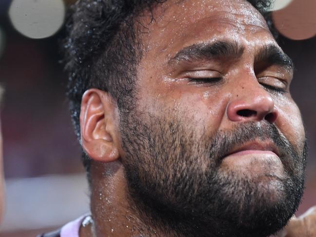 Sam Thaiday of the Broncos is emotional following the Elimination Final between the Brisbane Broncos and the St George-Illawarra Dragons in Week 1 of the NRL Finals Series at Suncorp Stadium in Brisbane, Sunday, September 9, 2018. (AAP Image/Dave Hunt) NO ARCHIVING, EDITORIAL USE ONLY