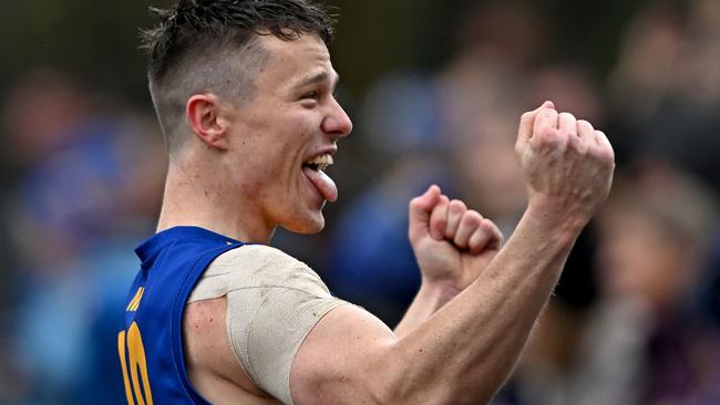 Noble ParkÃs Jack Francis celebrates after winning the EFL Premier Division Grand Final between Rowville and Noble Park in Melbourne, Saturday, Sept. 17, 2022. Picture: Andy Brownbill