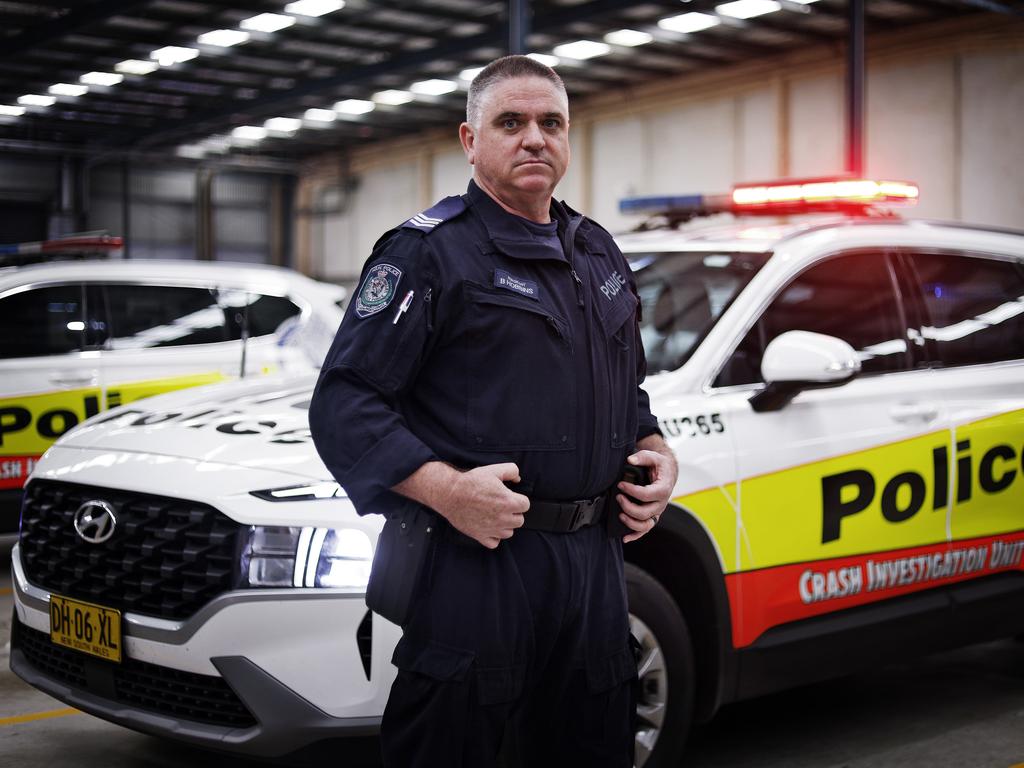 Sergeant Brett Hobbins in “the barn” before being called to a road crash. Picture: Sam Ruttyn