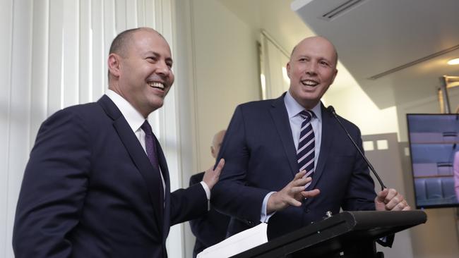 Treasurer Josh Frydenberg with Home Affairs Minister Peter Dutton before the budget speech at Parliament House. Picture: Sean Davey.