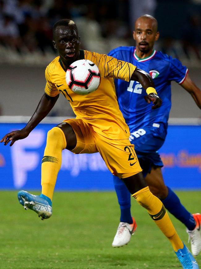 Awer Mabil during the win against Kuwait. Picture: Tom Dulat/Getty Images