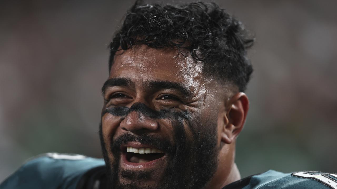 NFL star - and former NRL junior - Jordan Mailata admist he gave up trying to explain the difference between league and union. Picture: Getty Images