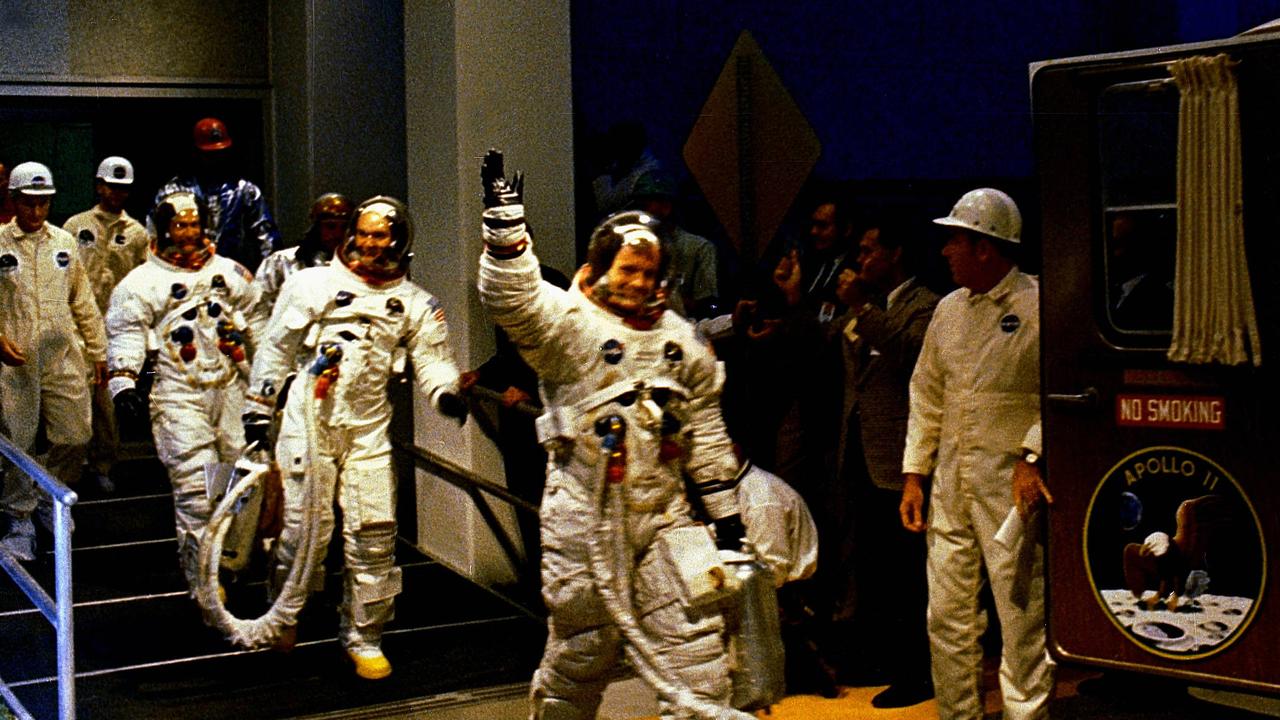 The crew of the Apollo 11 lunar landing mission leave the Kennedy Space Center Manned Spacecraft Operations Building during the pre-launch countdown on July 16, 1969. Picture: NASA