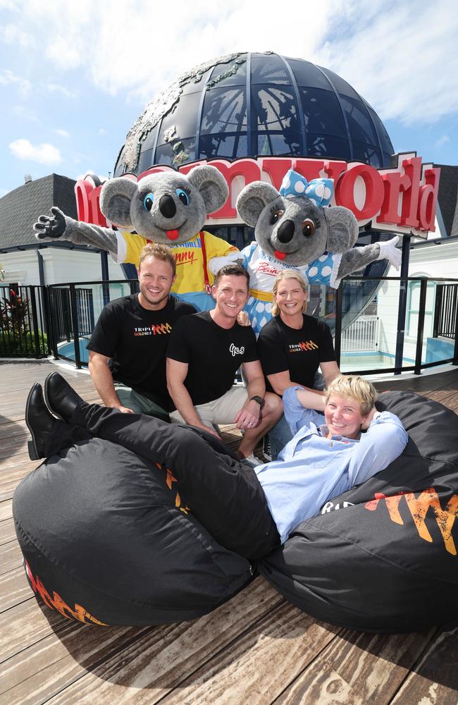 Kenny and Belinda Koala, together with Nick Channell from Optus, Liam Flanagan and Leisel Jones from MMM, pamper Sam Stenberg from NDMS before the event. Picture Glenn Hampson