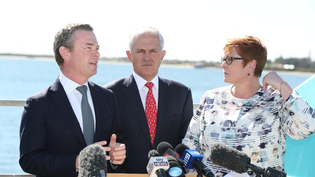 Malcolm Turnbull announcing the decision in Adelaide together with Industry Minister Christopher Pyne and Defence Minister Marise Payne. Picture: Tait Schmaal.