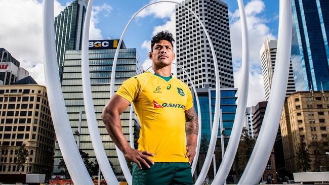 Single-use only. No archiving. Lopeti Timani of the Qantas Wallabies at Elizabeth Quay, Perth, ahead of The Rugby Championship clash with Argentina. Picture: Stuart Walmsley/ARU Media