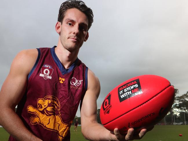 AFLQ will launch an initiative tomorrow where all balls across every grade this season has Stamp Out Racism stencilled on them. Palm Beach Currumbin captain Stephen Thynne with the ball. Picture Glenn Hampson