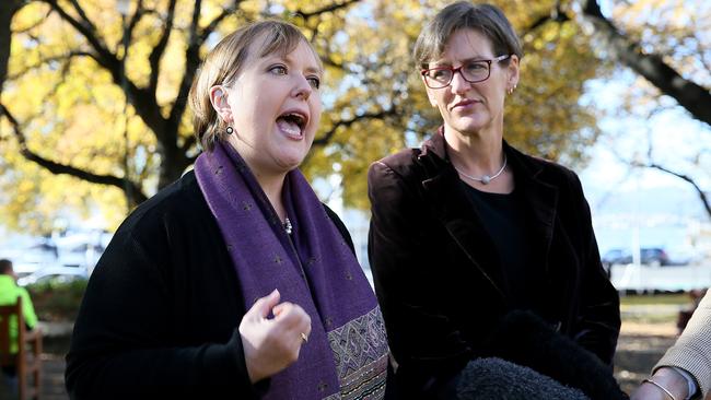 Labor MHA Lara Giddings, left, talking to reporters about the Voluntary Assisted Dying Bill with Greens leader Cassy O’Connor MP on Parliament House lawns earlier this week. Picture: SAM ROSEWARNE.