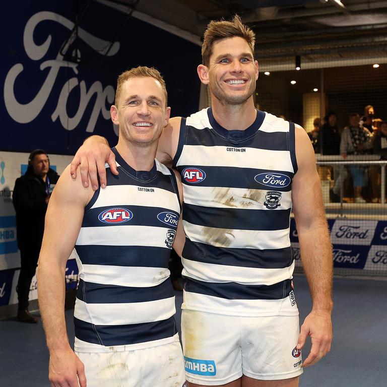 Joel Selwood and Tom Hawkins thrive in the Cats set-up. Picture: Mark Stewart