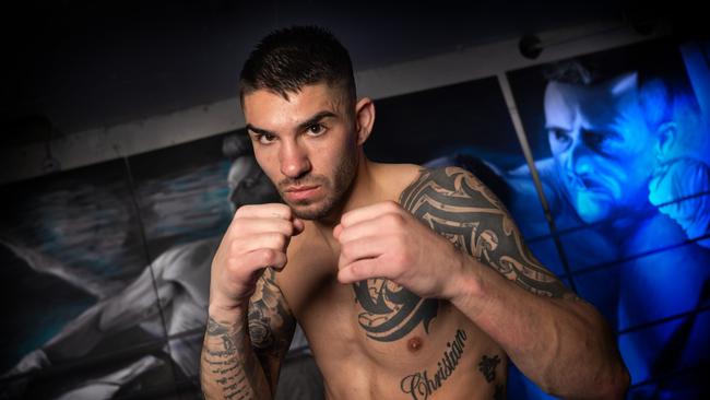 (CONTACT PICTURE DESK BEFORE USE) Boxer Michael Zerafa training at his gym ahead of fight with Tim Tsuzu. Picture: Tony Gough