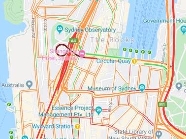 On a typical Wednesday evening peak, major roads into Sydney tehy wer ebuilt to curb congestio - such as teh Harbour Tunnel and Eastrern adn Western Distributors - are now the most jammed. Picture: Google Maps.