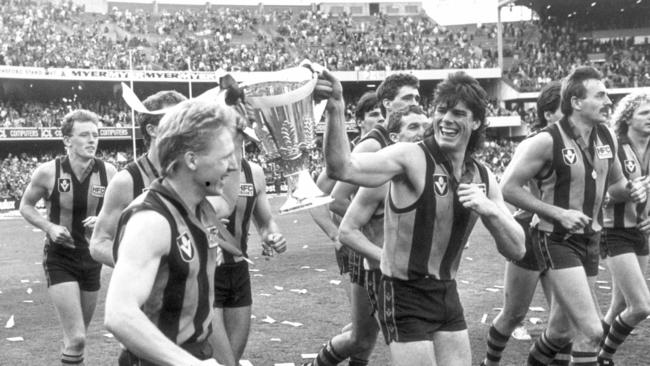 Hawthorn players, including Norm Smith Medallist Gary Ayres (centre), celebrate their VFL flag.