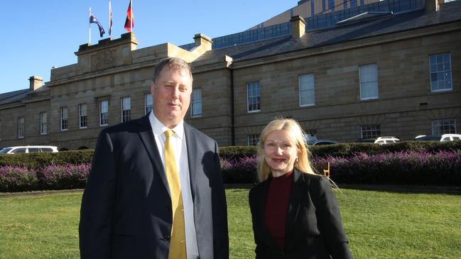 Tasmania's new independent MPs, John Tucker and Lara Alexander, outside Parliament House, Hobart. Picture: Matthew Denholm/The Australian