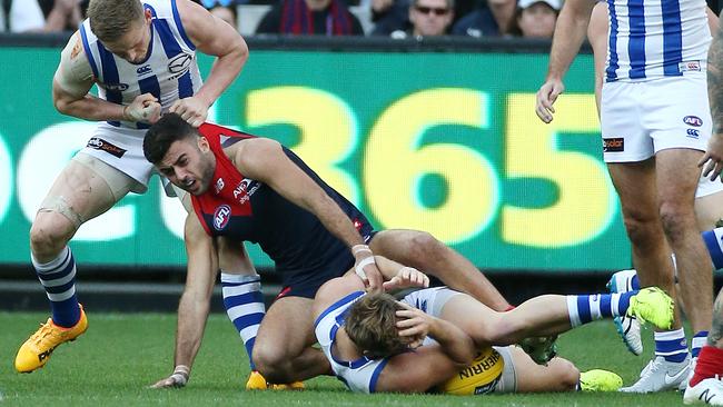 Demon Christian Salem was in the thick of it and can accept a one match ban for elbowing Roo Shaun Higgins. Picture: George Salpigtidis