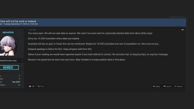 The alleged hacker Optusdata has seemingly deleted the customer data. Source: The Australian.