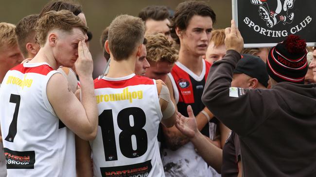 Watsonia players listen to George Lattouf’s address. Picture: Stuart Milligan