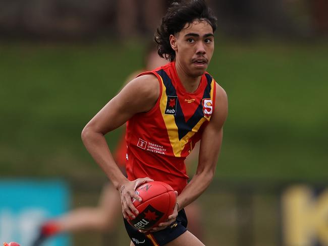 PERTH, AUSTRALIA - AUGUST 28: Jase Burgoyne of South Australia in action during the NAB AFL U19 Championships game between Western Australia and South Australia at Mineral Resources Park on August 28, 2021 in Perth, Australia. (Photo by Paul Kane/Getty Images)