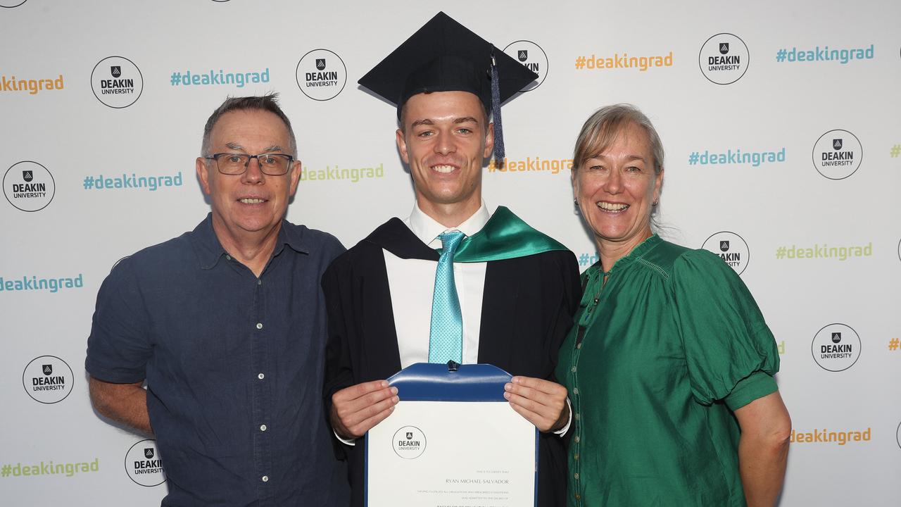 Gavin, Ryan and Kim Salvador. Deakin School of Education; NIKERI; and Centre of Humanitarian Leadership students graduated on Wednesday lunchtime. Picture: Alan Barber