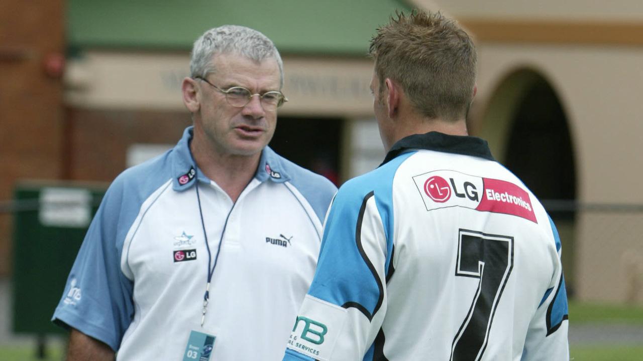 Chris Anderson talks with Brett Kimmorley before a Cronulla Sharks versus Canterbury Bulldogs World Sevens game in 2003. Picture: Mark Evans