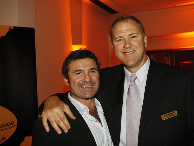 Balmain Tigers great Benny Elias with fellow Tigers legend Paul Sironen. Elias says he is ‘embarrassed’ by the Tigers’ poor performance against Canterbury. Picture: Simon Chillingworth