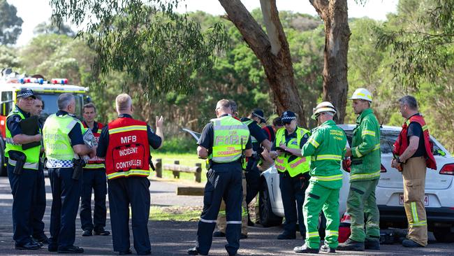 MFB, Vic Police and Forestry Victoria at a grass fire in Jells Park, Wheeler's Hill. Picture: Sarah Matray