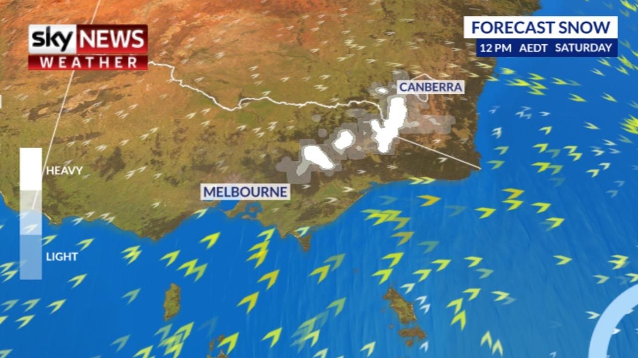 Snow is likely to fall across the Victorian Alps and Snowy Mountains. Picture: Sky News Weather
